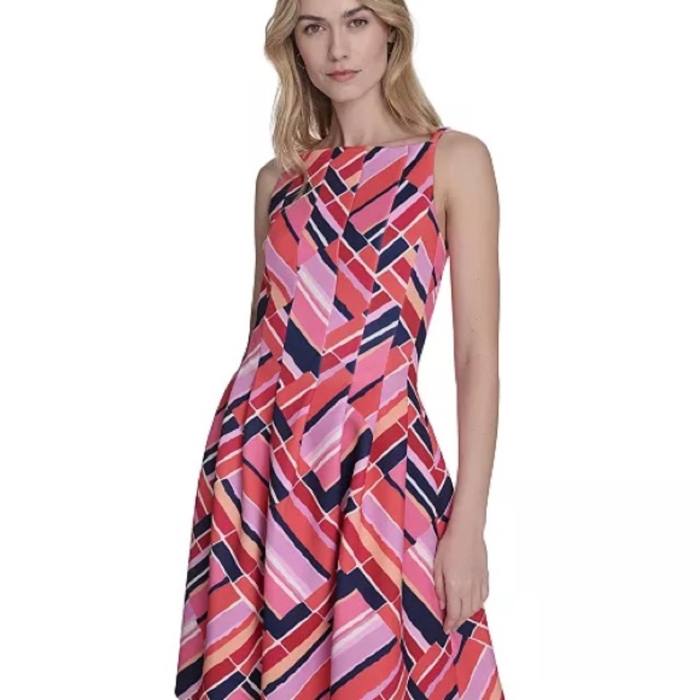 Vince Camuto Vibrant Pink and Navy Patterned Mini Dress